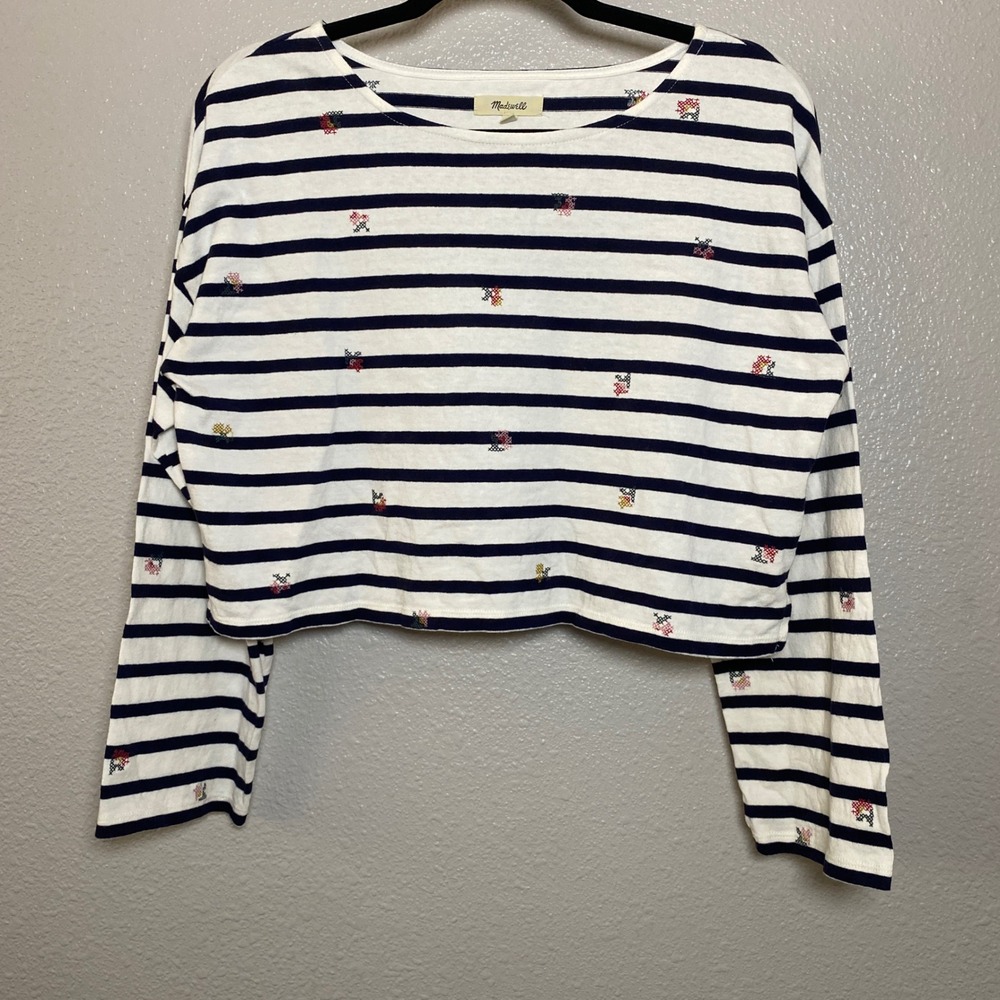 Madewell Striped Embroidered Long Sleeve Top Medium Coastal Preppy Fall Autumn